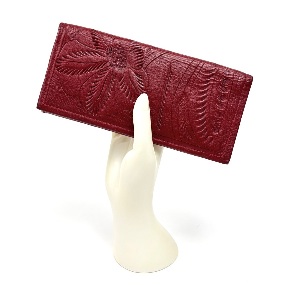 J L Saldivar Hand Tooled Red Leather Bifold Long Wallet